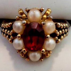 Vintage Faux Ruby & Pearl Ring (Size 6)